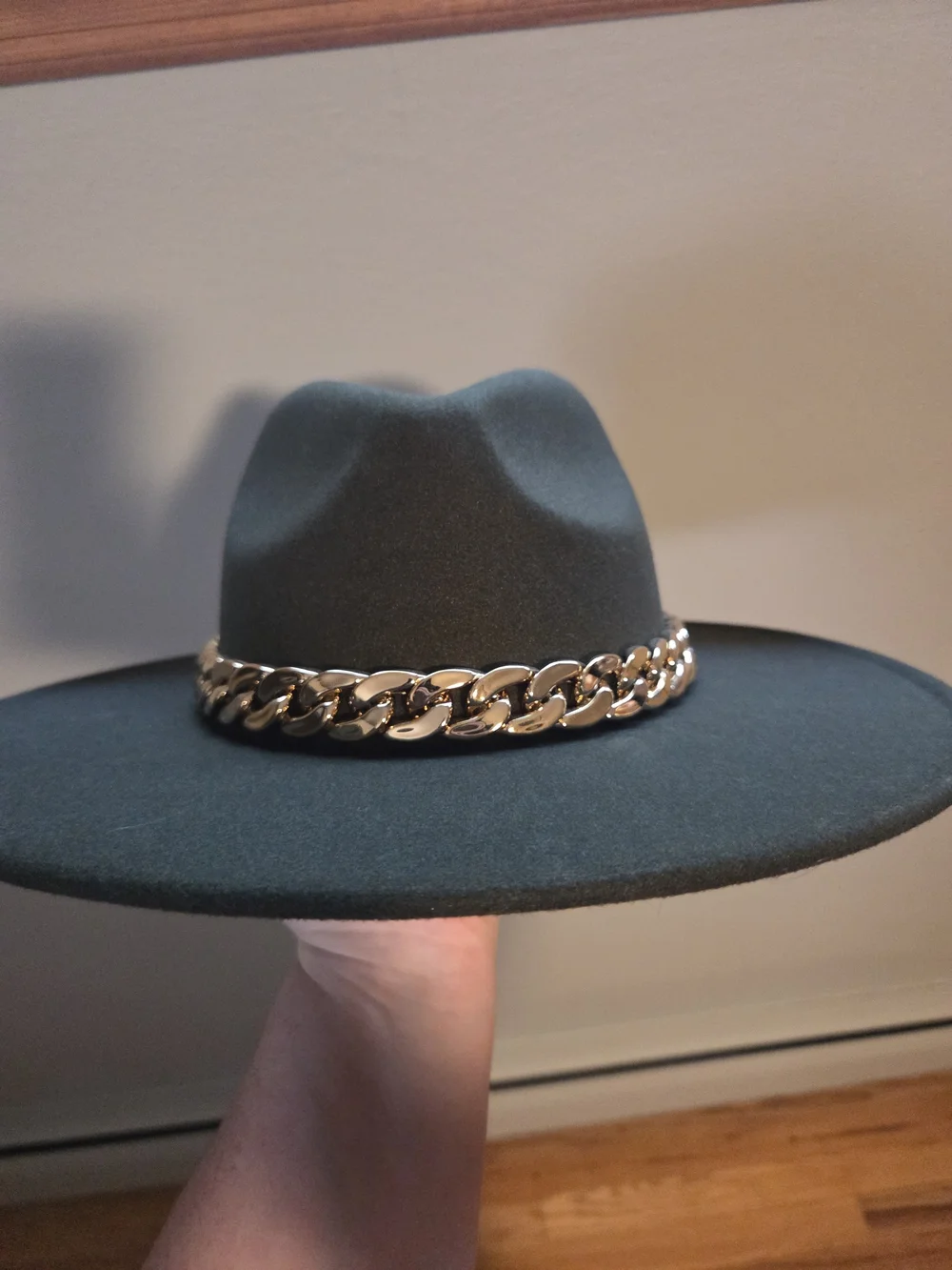 Hunter Green Felt Wide Brim Hat with Gold Chain Accent